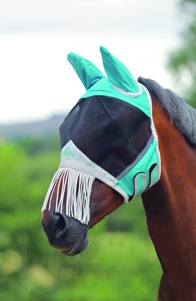 Shires Equestrian Products Fine Mesh Horse Fly Mask with Ears & Nose Fringe, Teal, Small Pony slide 1 of 3