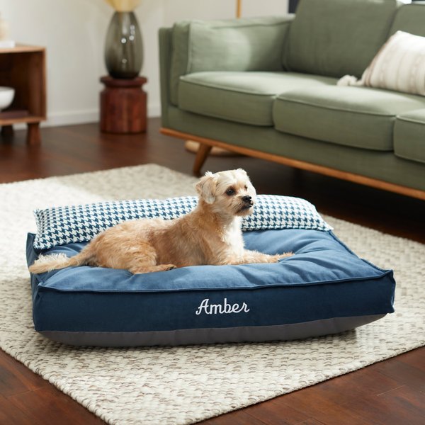 Frisco Personalized Navy Bolstered Bed with Navy Check Bolster, Large slide 1 of 4