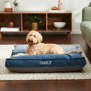 Frisco Personalized Navy Bolstered Bed with Navy Check Bolster, X-Large