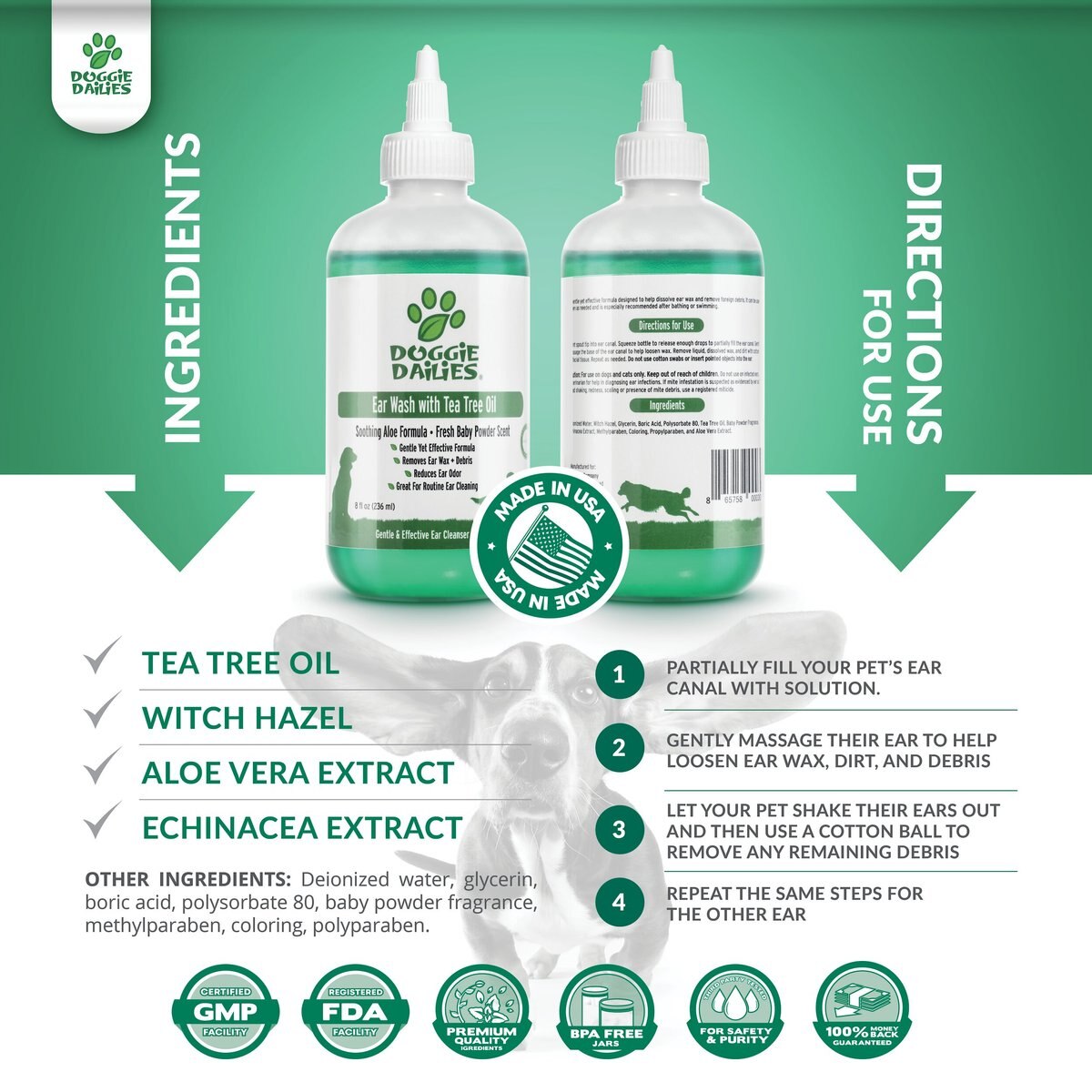 DOGGIE DAILIES Tea Tree Oil Dog Ear Wash, 8oz bottle