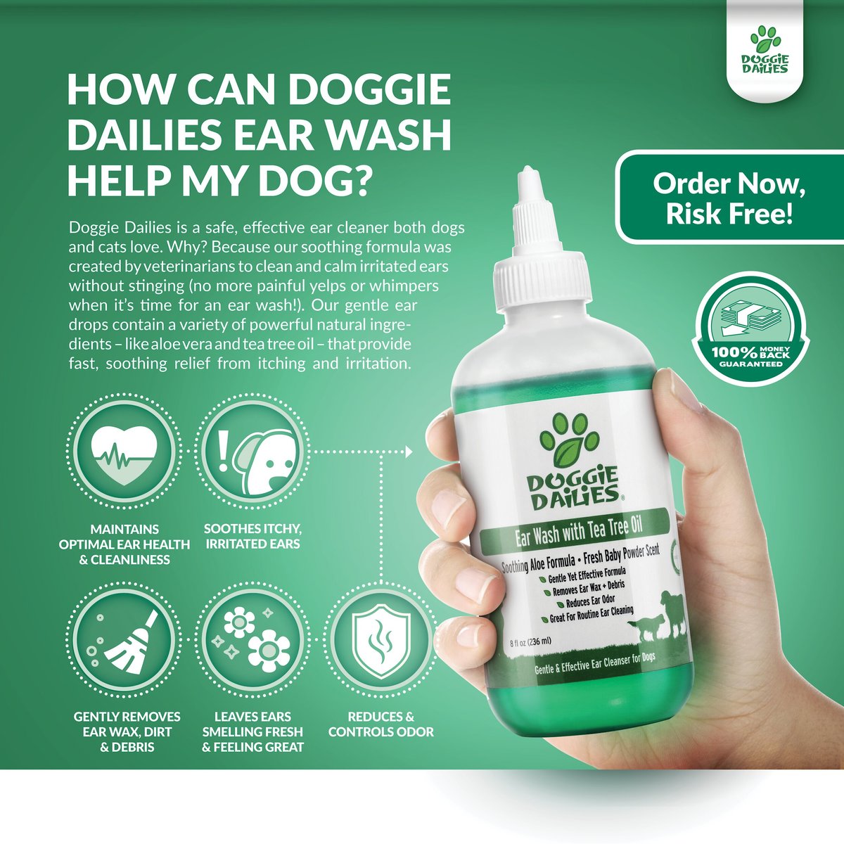 DOGGIE DAILIES Tea Tree Oil Dog Ear Wash, 8oz bottle