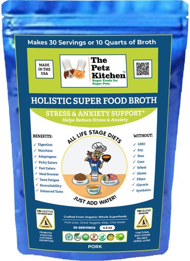 The Petz Kitchen Holistic Super Food Broth Anxiety Support Pork Flavor Concentrate Powder Dog & Cat Supplement, 4.5-oz bag