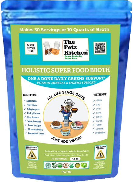 The Petz Kitchen Holistic Super Food Broth One & Done Daily Greens Support Pork Flavor Concentrate Powder Dog & Cat Supplement, 4.5-oz bag slide 1 of 7