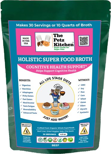 The Petz Kitchen Holistic Super Food Broth Cognitive Support Beef Flavor Concentrate Powder Dog & Cat Supplement, 4.5-oz bag