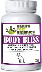 Natura Petz Organics BODY BLISS - OMEGA 3 & 6 Super Food + Heart, Brain Joint, Blood & Coat Support* Cat Supplement, 150 count