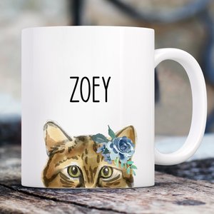 904 Custom Personalized Tabby Cat Peekaboo Floral Mug, 11-oz