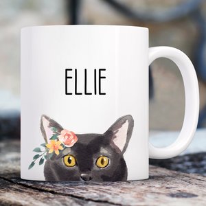 904 Custom Personalized Black Cat Peekaboo Floral Mug, 11-oz