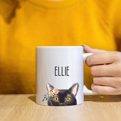Show full view: 904 Custom Personalized Peekaboo Floral Mug, 11-oz, Black Cat slide 3 of 5