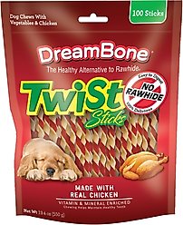 DreamBone Twist Sticks 100 Count, Rawhide-Free Chews Real Chicken Dog Treats, 100 count