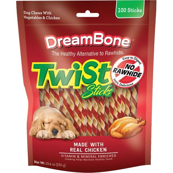 DREAMBONE Twist Sticks 100 Count, RawhideFree Chews Real Chicken Dog