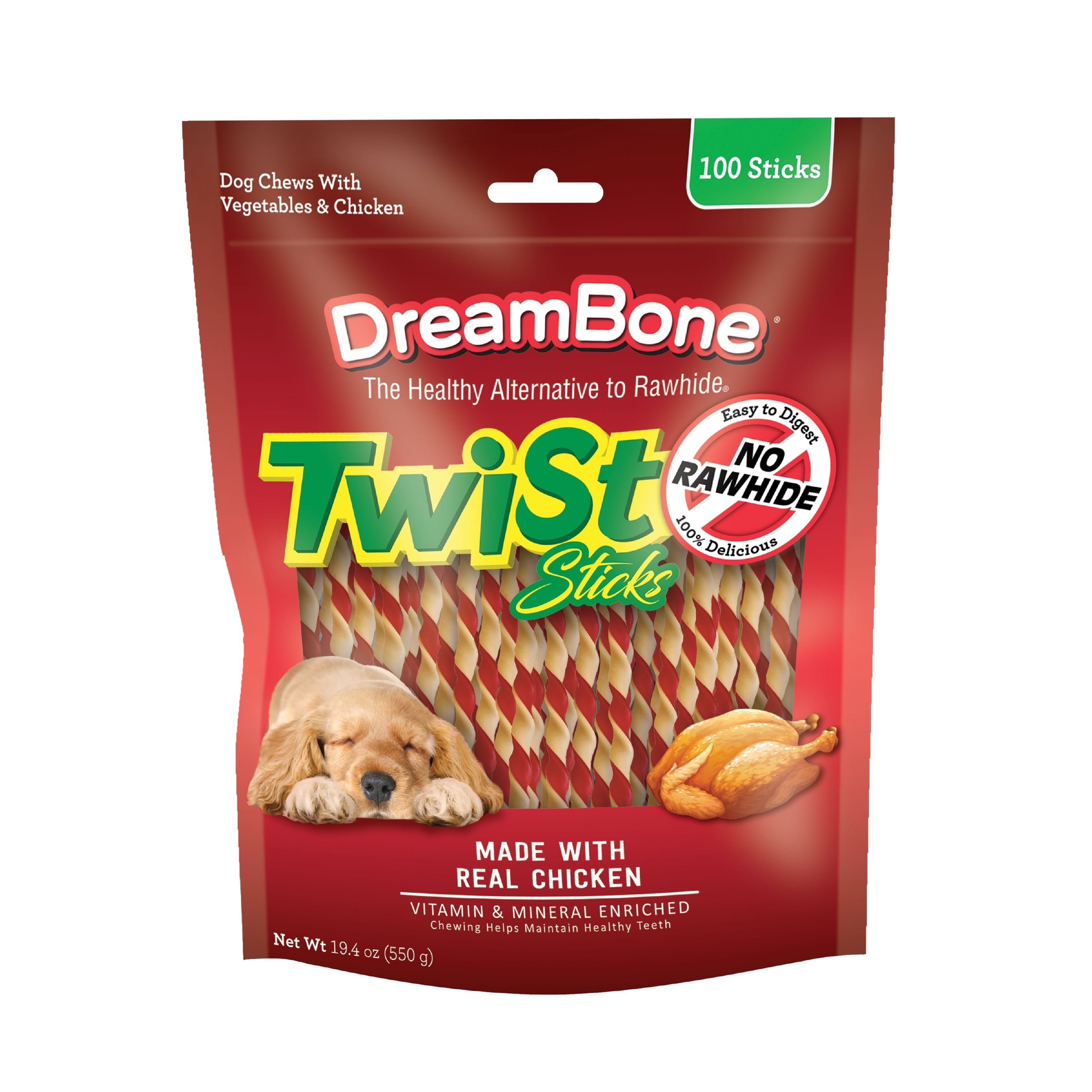 DREAMBONE Twist Sticks 100 Count, RawhideFree Chews Real Chicken Dog
