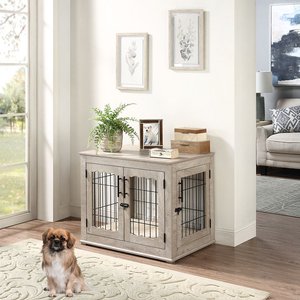 Unipaws Wooden Wire Furniture End Table Dog Crate, Weathered Gray, Medium