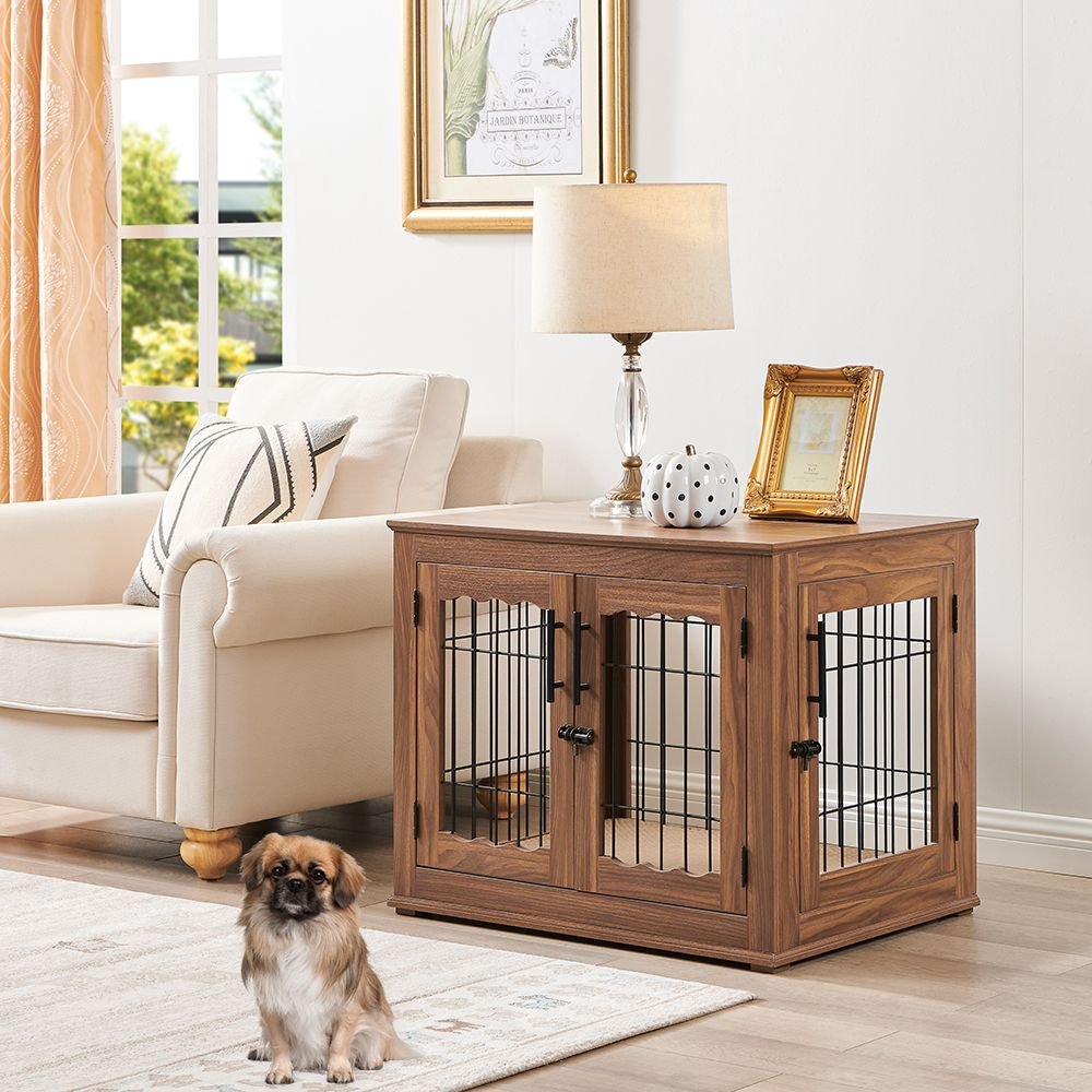 UNIPAWS Wooden Wire Furniture End Table Dog Crate, Walnut, Medium ...