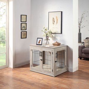 Unipaws Wooden Wire Furniture End Table Dog Crate, Weathered Gray, Large