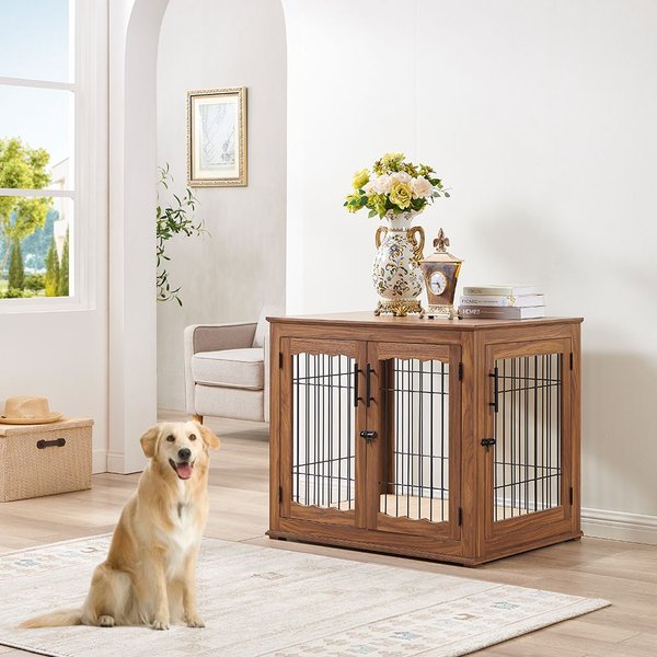 UNIPAWS Wooden Wire Furniture End Table Dog Crate, Walnut, Large