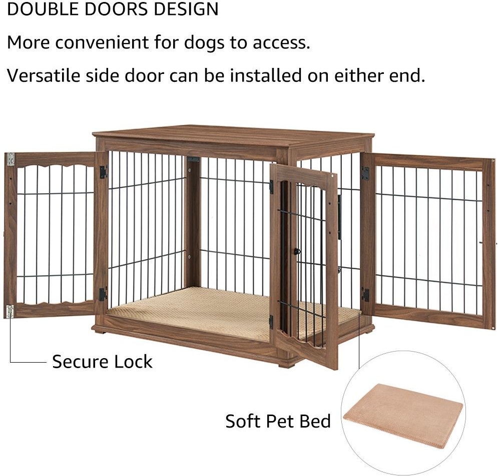 UNIPAWS Wooden Wire Furniture End Table Dog Crate, Walnut, Large
