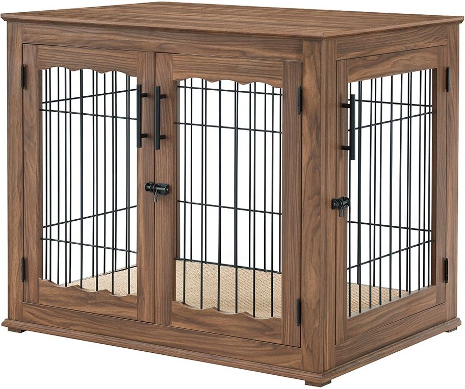 UNIPAWS Wooden Wire Furniture End Table Dog Crate, Walnut, Large ...