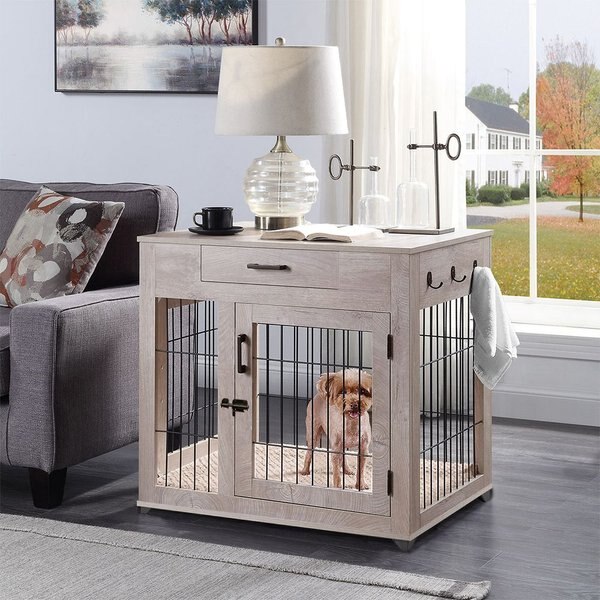 UNIPAWS Wooden Wire Furniture End Table Dog Crate, Weathered Gray