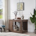 Unipaws Wooden Wire Double Door Furniture End Table Dog Crate, Walnut, Large
