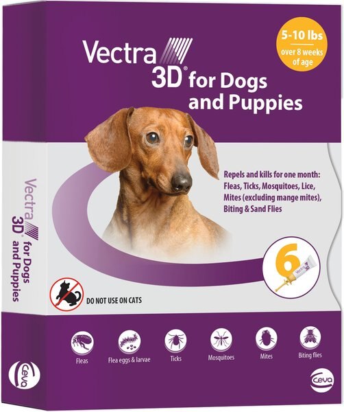 Vectra 3D Flea & Tick Spot Treatment for Dogs, 5-10 lbs, 6 Doses (6-mos. supply) slide 1 of 2