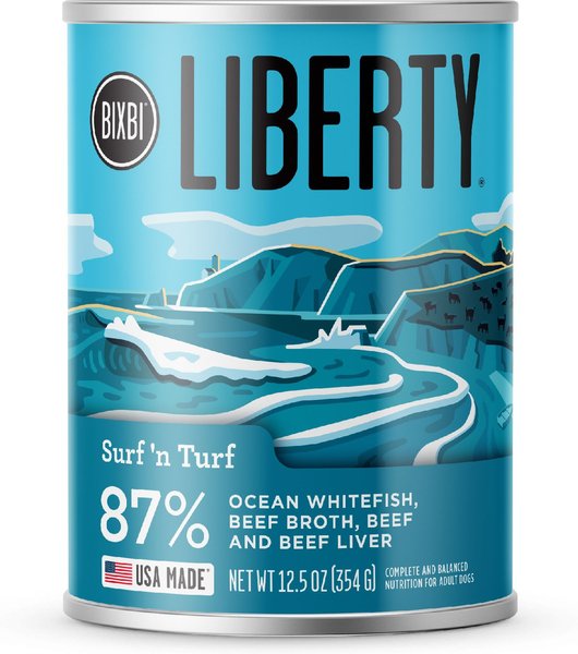 BIXBI Liberty Surf 'n Turf Ocean Whitefish, Beef Broth, Beef & Beef Liver Wet Dog Food, 12.5-oz can, case of 12 slide 1 of 2