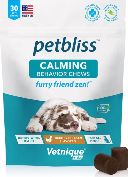 Vetnique Labs Petbliss Calming & Behavior Hickory Chicken Flavored Soft Chew Calming Supplement for Dogs, 30 count slide 1 of 9