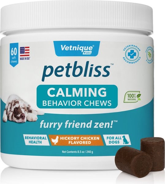 Vetnique Labs Petbliss Calming & Behavior Hickory Chicken Flavored Soft Chew Calming Supplement for Dogs, 60 count slide 1 of 8