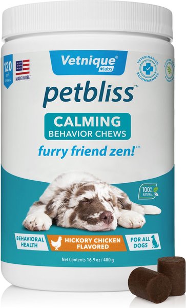 Vetnique Labs Petbliss Calming & Behavior Hickory Chicken Flavored Soft Chew Calming Supplement for Dogs, 120 count slide 1 of 8