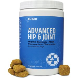 Pet MD Glucosamine, Chondroitin, MSM, Turmeric, & Yucca - Delicious Bacon Flavored Hip & Joint Dog Supplement, 120 count