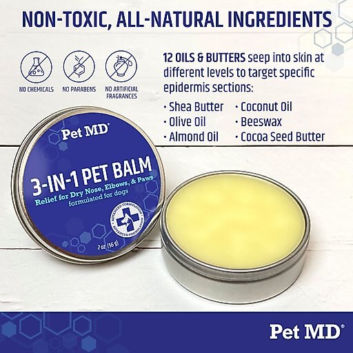 Pet MD Paw Balm 3-in-1 Nose/Snout & Elbow Moisturizer & Paw Protectors Paw Wax with Shea Butter, Coconut Oil, & Beeswax for Dogs, 2-oz jar