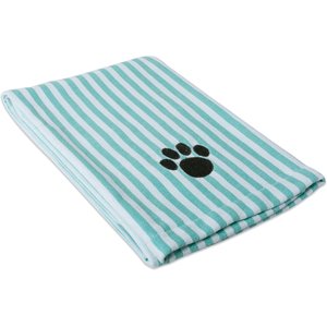 Bone Dry Striped Embroidered Paw Dog & Cat Towel, Aqua