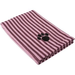 Bone Dry Striped Embroidered Paw Dog & Cat Towel, Cranberry