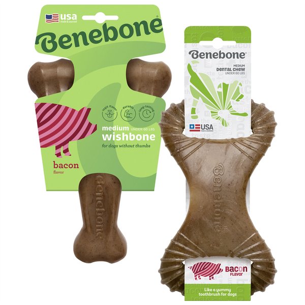 Benebone Bacon Flavor Wishbone Tough Chew Toy, Medium + Dental Tough Dog Chew Toy, Medium slide 1 of 9