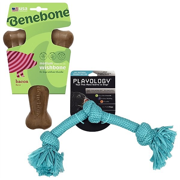 Benebone Bacon Flavor Wishbone Tough Chew Toy, Medium + Playology All Natural Dri-Tech Rope Dog Toy, Large, Peanut Butter Scented slide 1 of 9