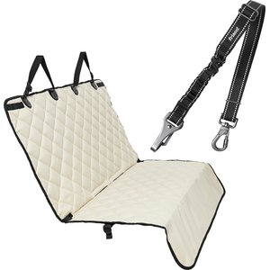 Frisco Adjustable Seatbelt Tether, Length 3-ft, Width: 1'', Reflective Black + Quilted Water Resistant Bench Car Seat Cover, Regular, Cream