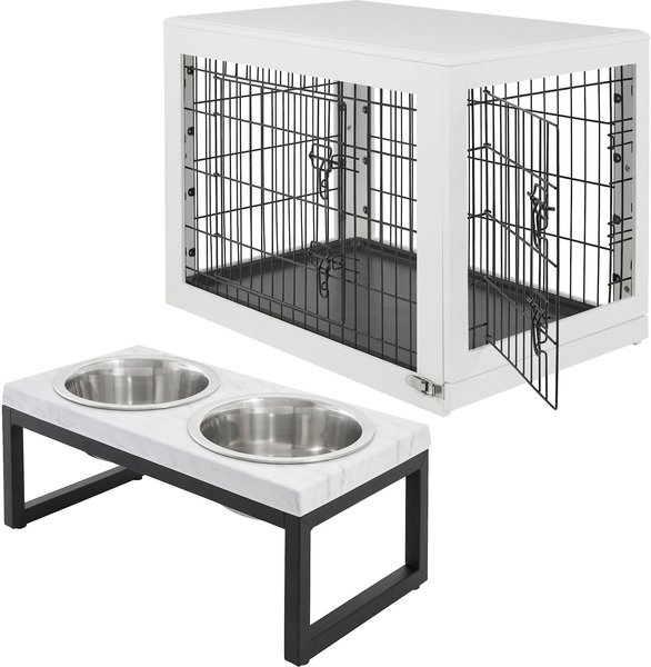 Frisco Double Door Furniture Style Crate, White, Intermediate, 36-in L x 23-in W x 26-in H + Marble Print Stainless Steel Double Elevated Dog Bowl, 3 Cups, Black Stand slide 1 of 9