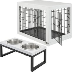 Frisco Double Door Furniture Style Crate, White, tMedium, 30-in L x 19-in W x 21-in H + Marble Print Stainless Steel Double Elevated Dog Bowl, 3 Cups, Black Stand