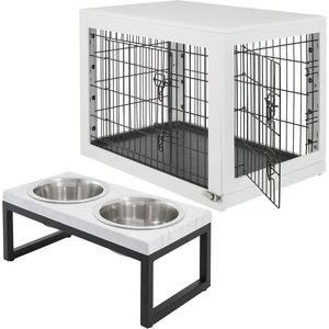 Frisco Double Door Furniture Style Crate, White, tMedium, 30-in L x 19-in W x 21-in H + Marble Print Stainless Steel Double Elevated Dog Bowl, 3 Cups, Black Stand