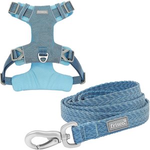 Frisco Outdoor Lightweight Ripstop Nylon Harness, River Blue, Extra Large, Neck: 22 to 34-in, Girth: 32 to 44-in + Heathered Dog Leash, River Blue, Large - Length: 6-ft, Width: 1-in