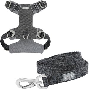 Frisco Outdoor Lightweight Ripstop Nylon Harness, Storm Gray, Extra Large, Neck: 22 to 34-in, Girth: 32 to 44-in + Heathered Dog Leash, Midnight Black, LG - Length: 6-ft, Width: 1-in