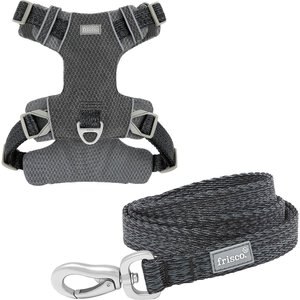 Frisco Outdoor Lightweight Ripstop Nylon Harness, Storm Gray, Small, Neck: 13 to 19-in, Girth: 16 to 22-in + Heathered Dog Leash, Midnight Black, SM - Length: 6-ft, Width: 5/8-in
