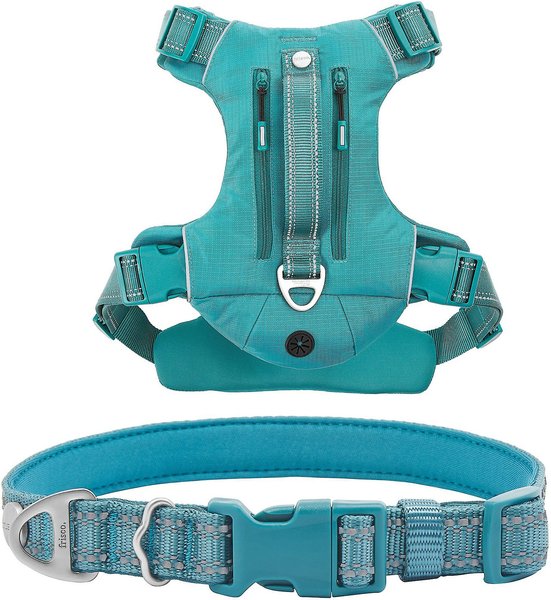 Frisco Outdoor Premium Ripstop Nylon Harness with Pocket, Bayou Teal, Large, Neck: 18 to 28-in, Girth 24 to 34-in + Reflective Comfort Padded Dog Collar, Bayou Teal, Large, Neck: 18 -26-in, Width: 1-in slide 1 of 9
