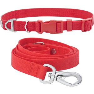 Frisco Outdoor Solid Textured Waterproof Stink Proof PVC Collar, Flamepoint Orange, Extra Small, Neck: 8-12-in, Width: 5/8th-in + Dog Leash, Sunset Orange, Small - Length: 6-ft, Width: 5/8-in