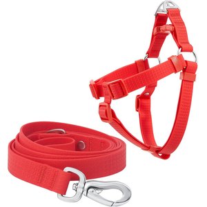 Frisco Outdoor Solid Textured Waterproof Stink Proof PVC Harness, Sunset Orage, Large, Neck: 19 to 27-in, Girth: 23 to 36-in + Dog Leash, Sunset Orange, LG - Length: 6-ft, Width: 1-in