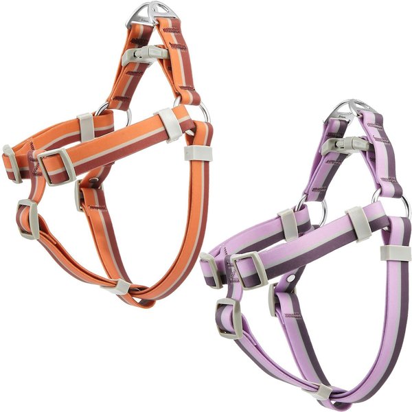 Frisco Outdoor Two Tone Waterproof Stinkproof PVC Harness, Flamepoint Orange,Extra Large, Neck: 22 to 33-in, Girth: 32 to 44-in + Outdoor Two Tone Waterproof Stinkproof PVC Harness, Shadow Purple, Large, Neck: 19 to 27-in, Girth: 23 to 36-in slide 1 of 9