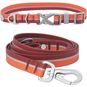 Frisco Outdoor Two Toned Waterproof Stink Proof PVC Collar, Flamepoint Orange, Extra Small, Neck: 8-12-in, Width: 5/8th -in + Dog Leash, Sunset Orange, Small - Length: 6-ft, Width: 5/8-in