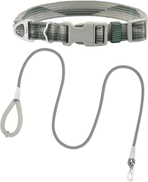 Frisco Outdoor Woven Jacquard Nylon Dog Collar, forest Green, Large, Neck: 18 -26-in, Width: 1-in + Ultra Reflective Rope Leash with Padded Handle, Stone Gray, 6 - ft slide 1 of 9