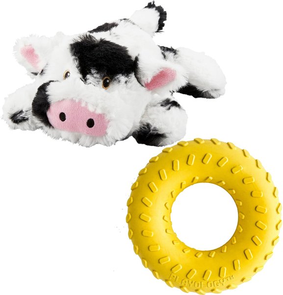 Frisco Plush Squeaking Cow Toy, Medium + Playology All Natural Dual Layer Ring Dog Toy, Medium, Chicken Scented slide 1 of 9