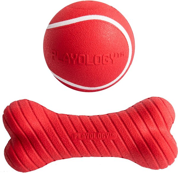 Playology All Natural Squeaky Chew Ball, Medium/Large, Beef Scented + Dual Layer Bone Dog Toy, Medium, Beef Scented slide 1 of 9