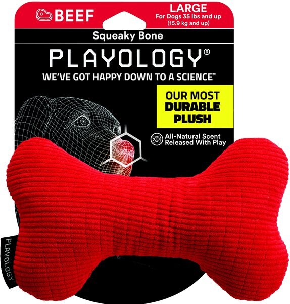 PLAYOLOGY All Natural Beef Scented Plush Squeaky Bone Dog Toy, Large